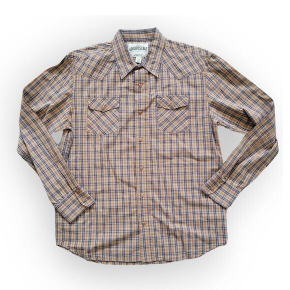 Aeropostale Authentic Brown Plaid Long Sleeve Snap Button Down Western Shirt L - Picture 1 of 5